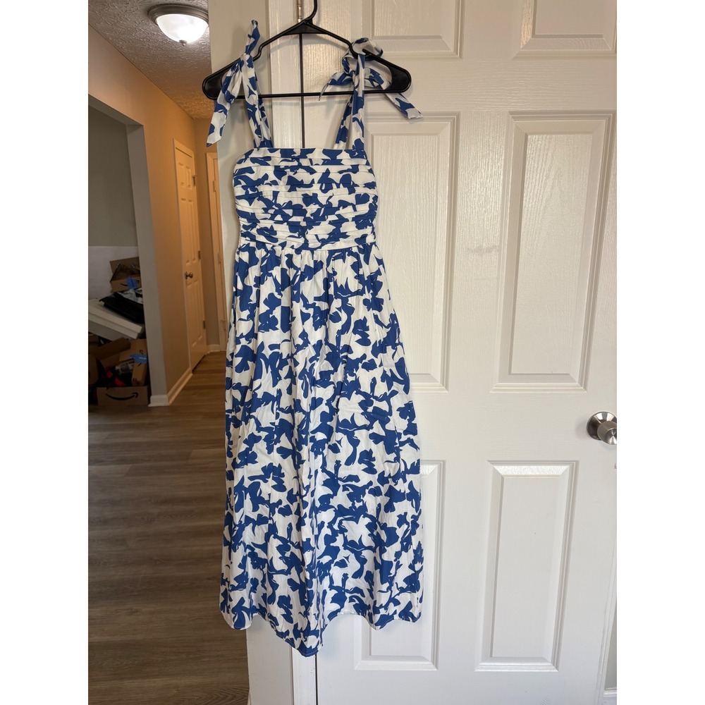 Abercrombie & Fitch Blue White Floral Tie Shoulder Smocked Midi Dress XXSP